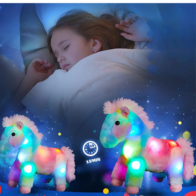 Veelkleurige pluche paardenknuffel met licht