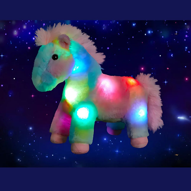 Veelkleurige pluche paardenknuffel met licht