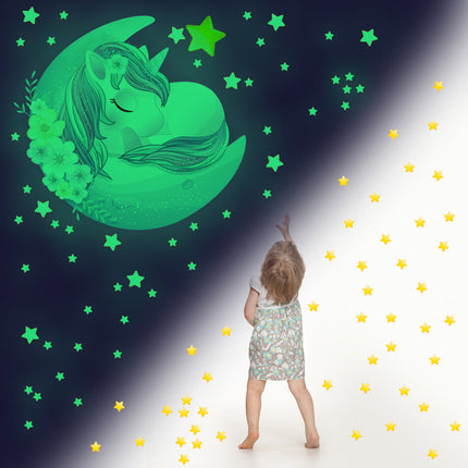 Lichtgevende muursticker eenhoorn op de maan
