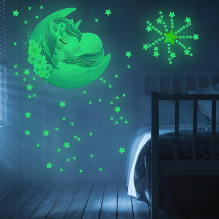 Lichtgevende muursticker eenhoorn op de maan