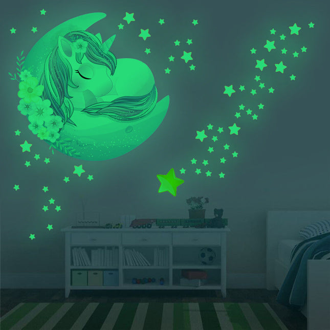 Lichtgevende muursticker eenhoorn op de maan