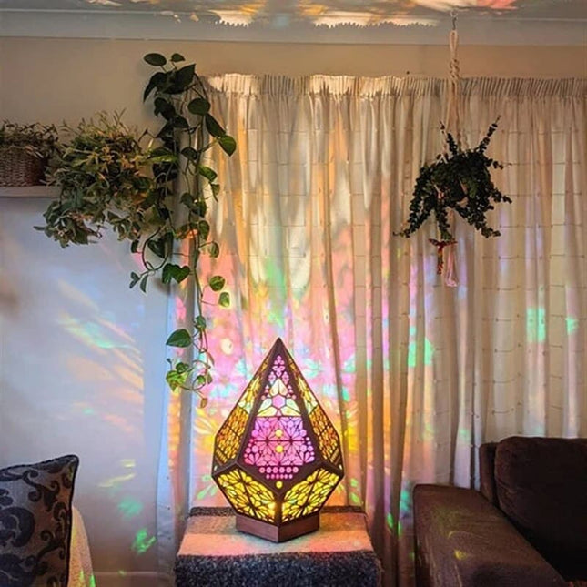 Houten bohemian projectorlamp met kleurrijk licht